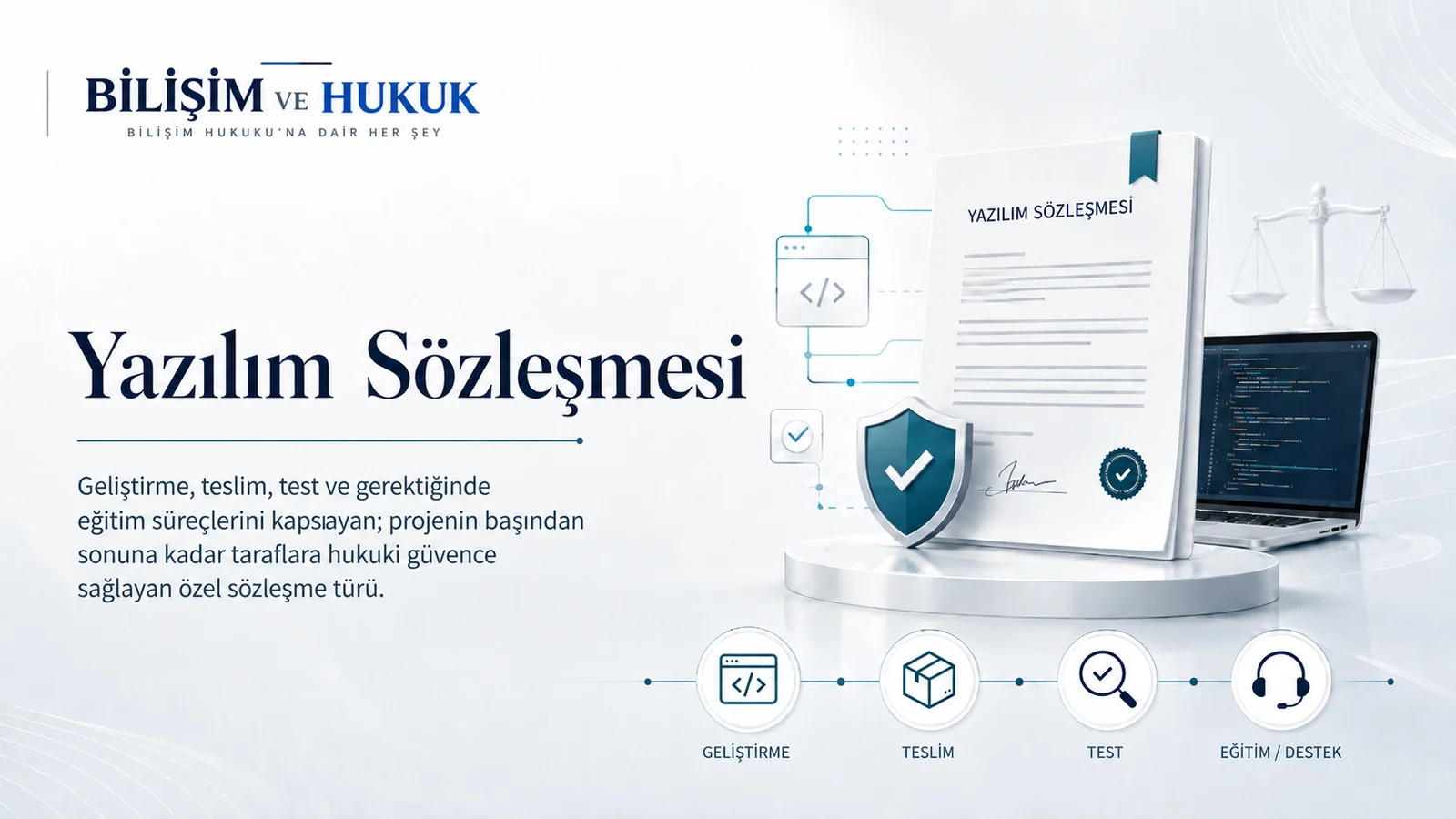 Yazılım sözleşmesi kapsamında geliştirme, teslim ve fikri mülkiyet haklarını simgeleyen kapak görseli